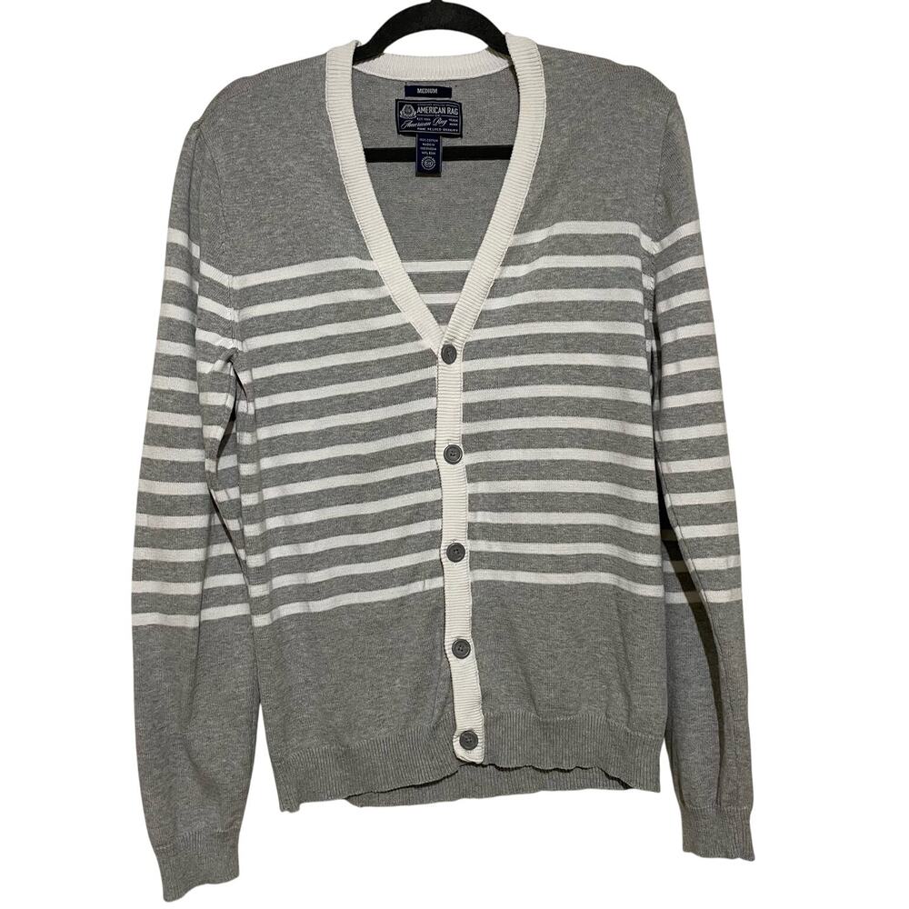Vintage American Rag Mens Gray White Striped Cardigan Button Up Medium Academia